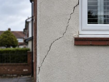 A crack running down from a window with staining below it