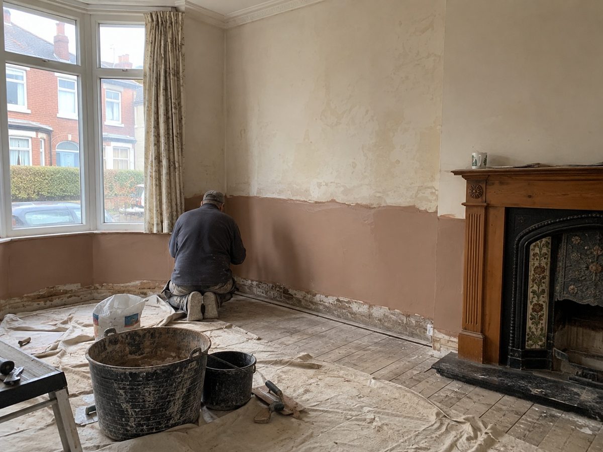 A Victorian terrace hallway with the lower wall stripped back