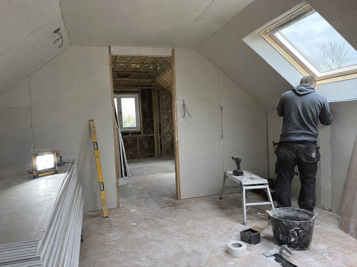Metal stud and plasterboard inside a commercial unit
