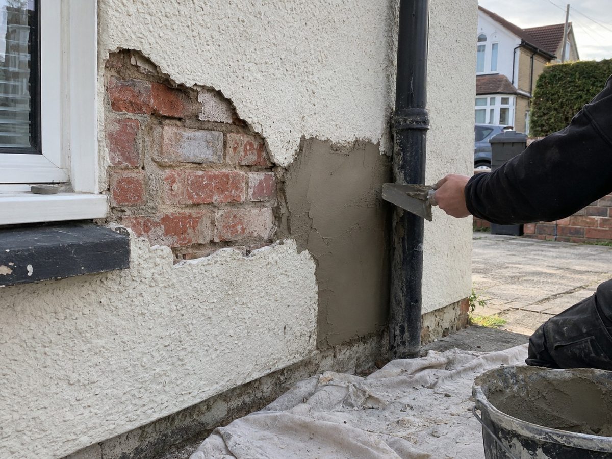 A coastal bungalow elevation with render being repaired
