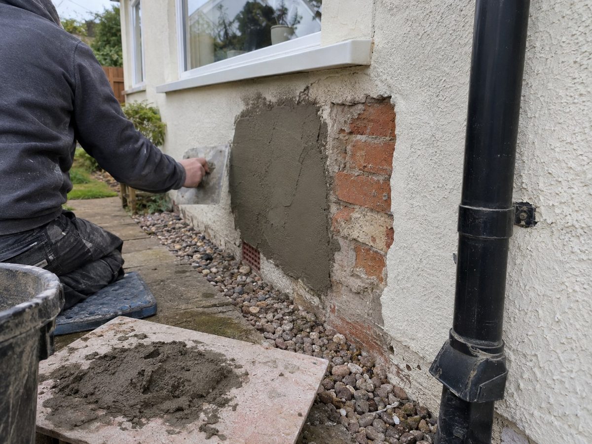 A rendered wall on an older property being made good