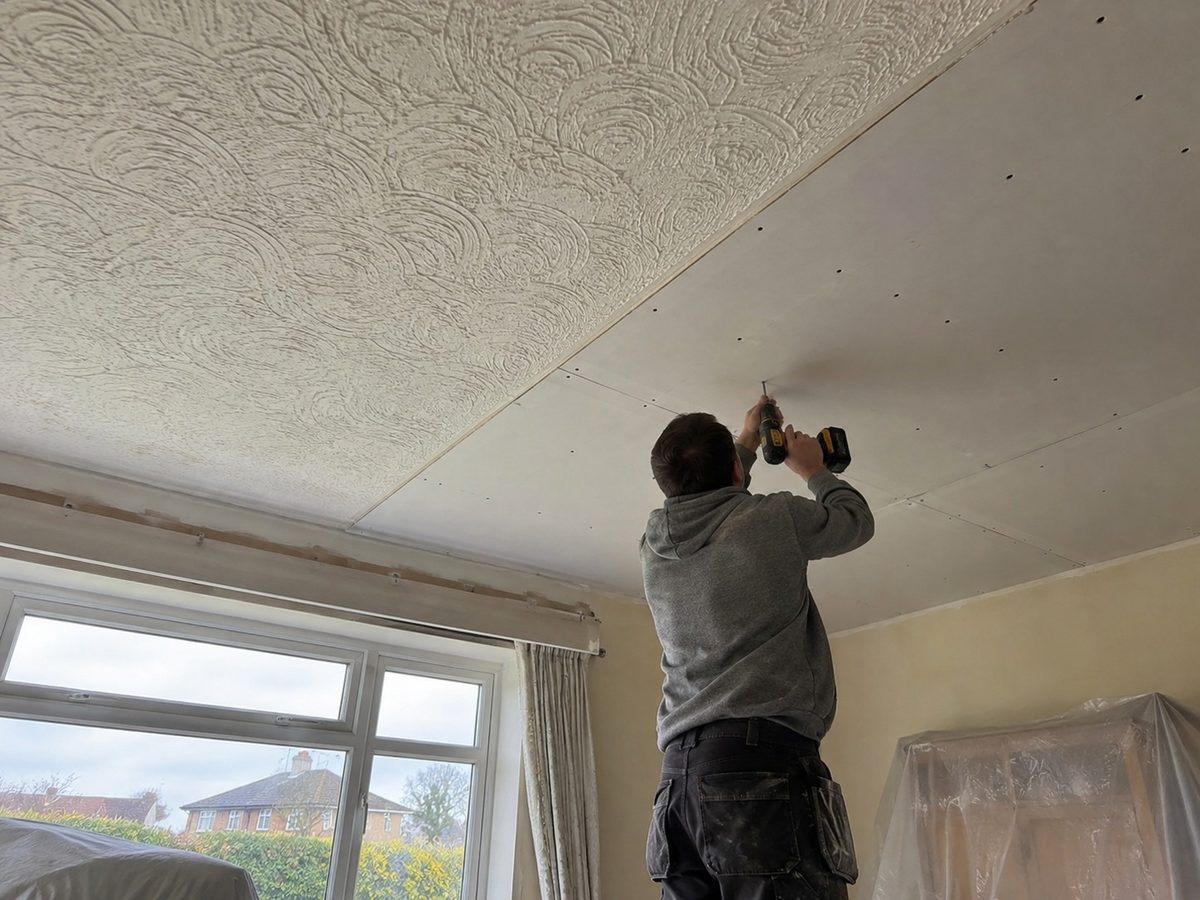 An artex ceiling before any work, the pattern lit from the side