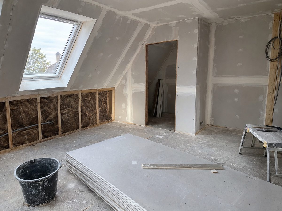 Plasterboard taped and filled, ready for skimming
