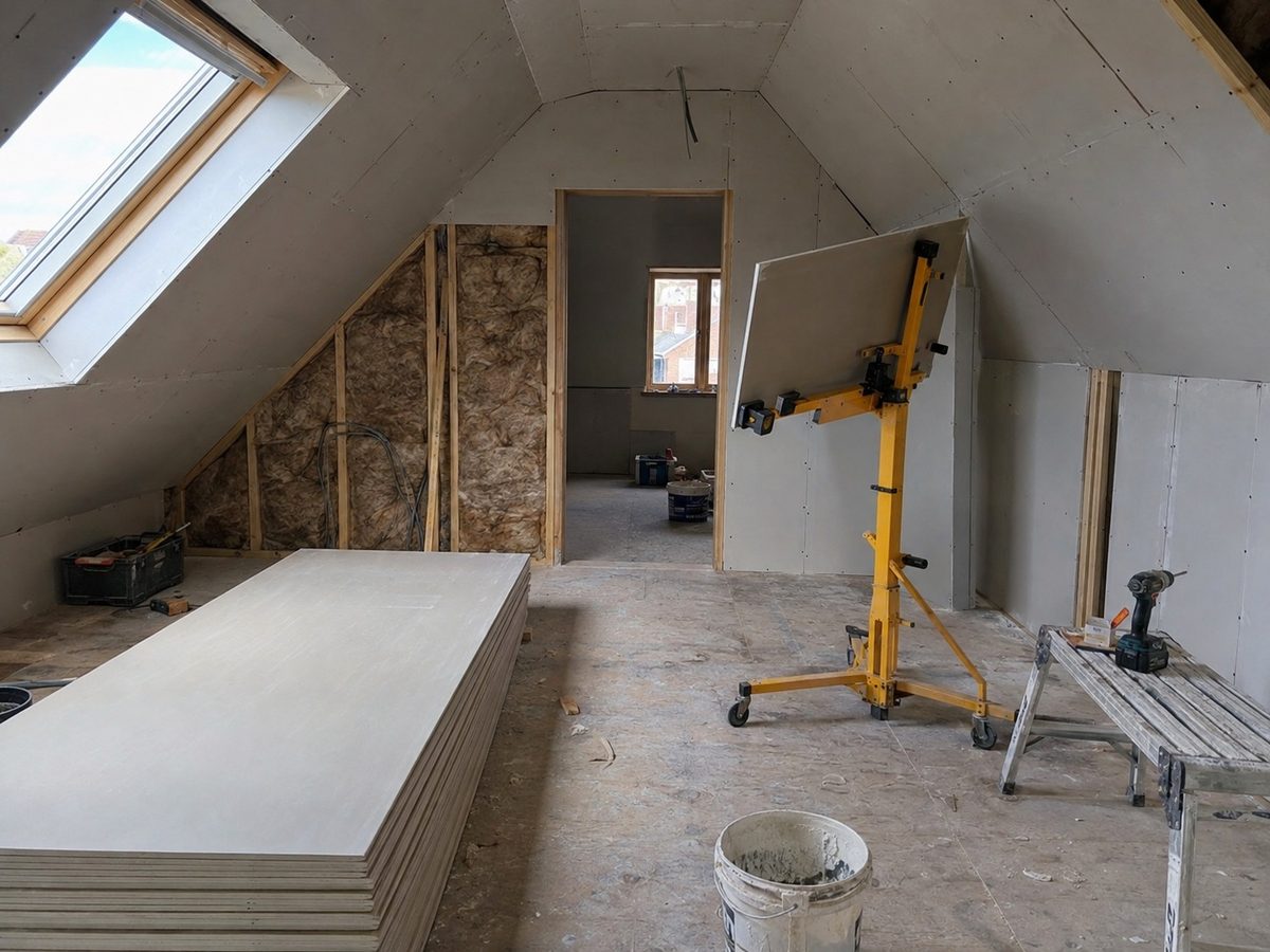 A ceiling boarded out with the joints taped, before skimming