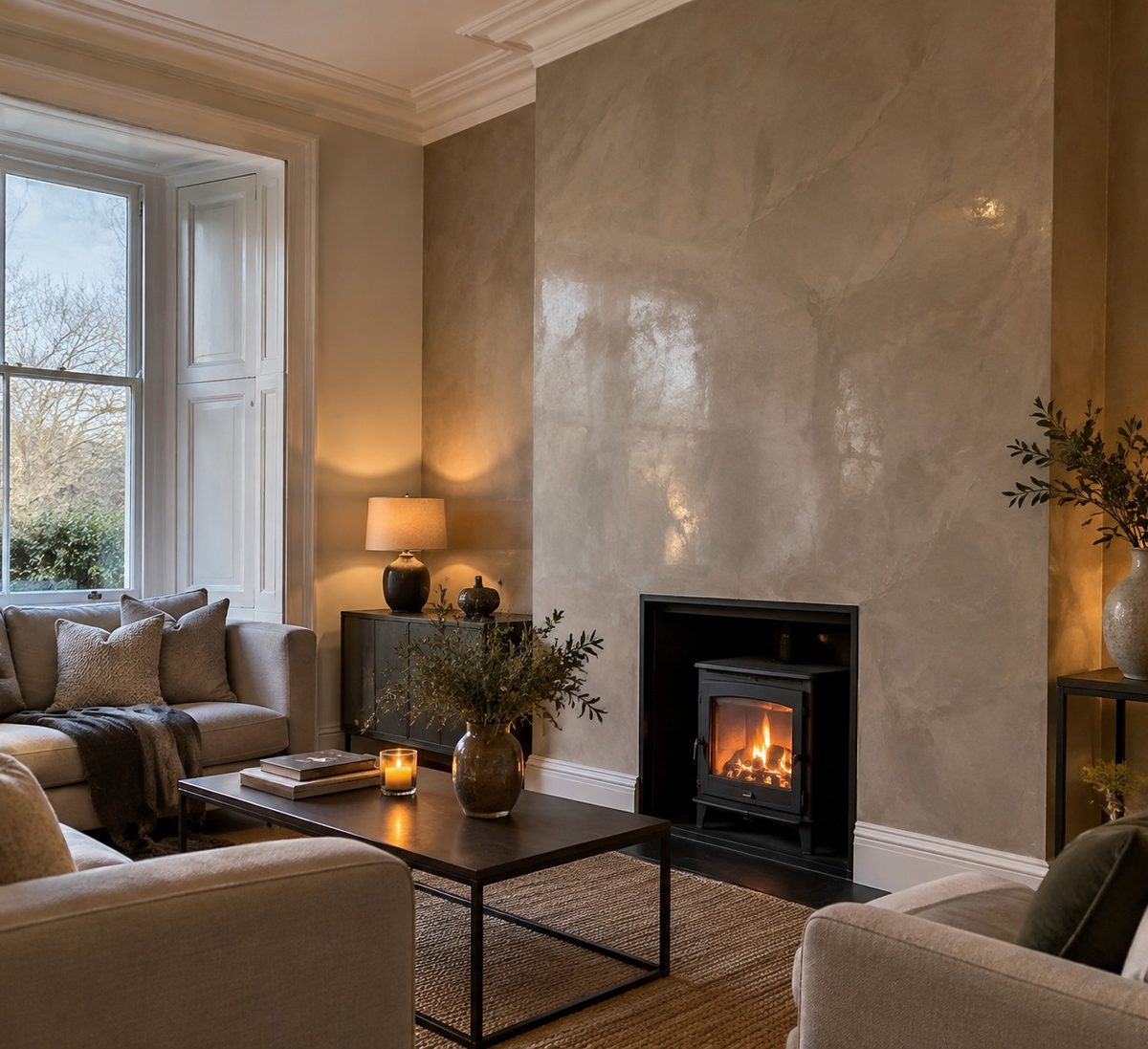 A burnished polished plaster wall with light raking across it