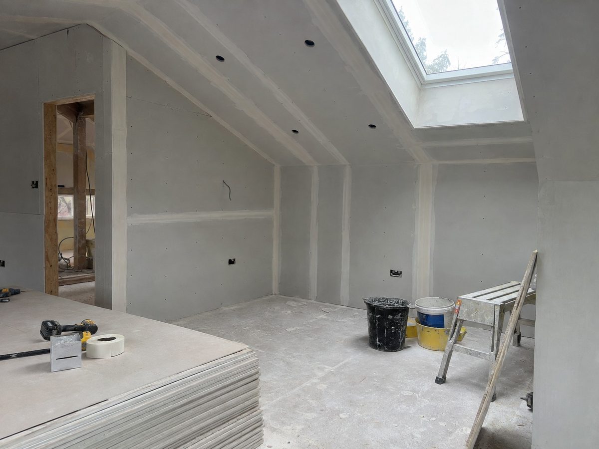 A stud wall boarded out, joints not yet taped