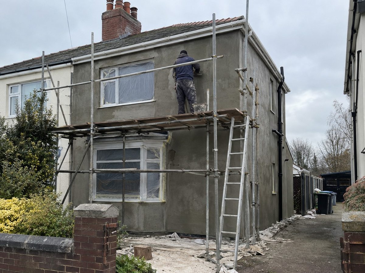 Render being floated onto an external wall