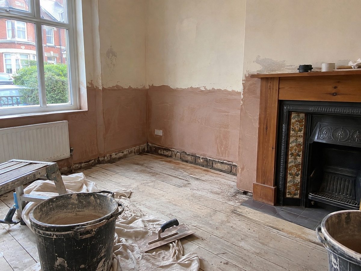 Salt damaged plaster removed back to sound brick